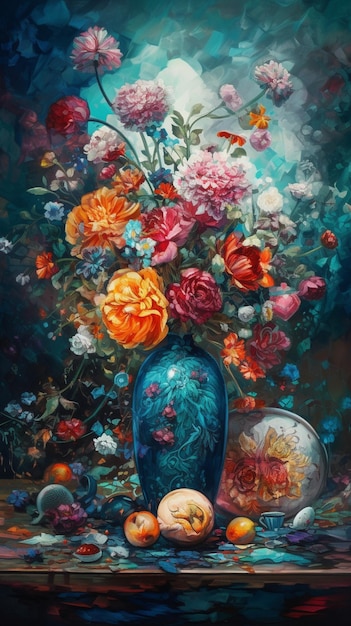 Uma pintura de um vaso azul com flores.