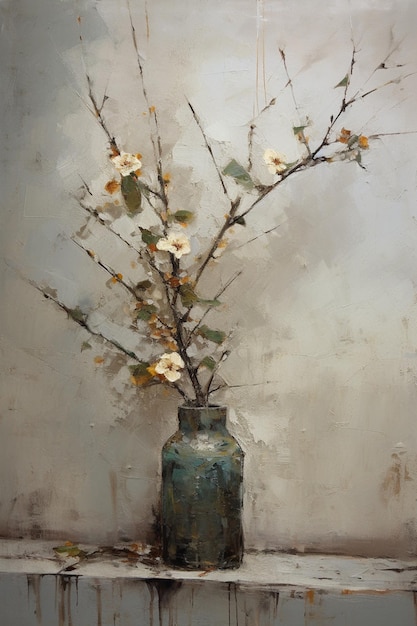Uma pintura de um vaso com flores nele