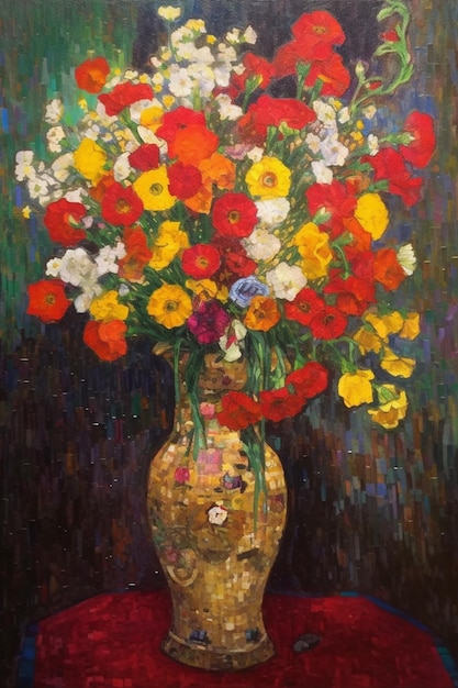 Uma pintura de um vaso de flores com a palavra "flores" nele.