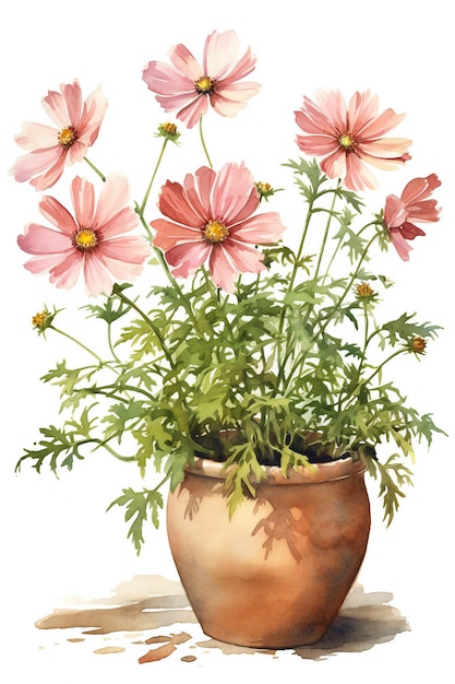 Uma pintura de um vaso de flores com flores cor de rosa.