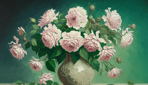 Uma pintura de um vaso de flores com fundo verde.