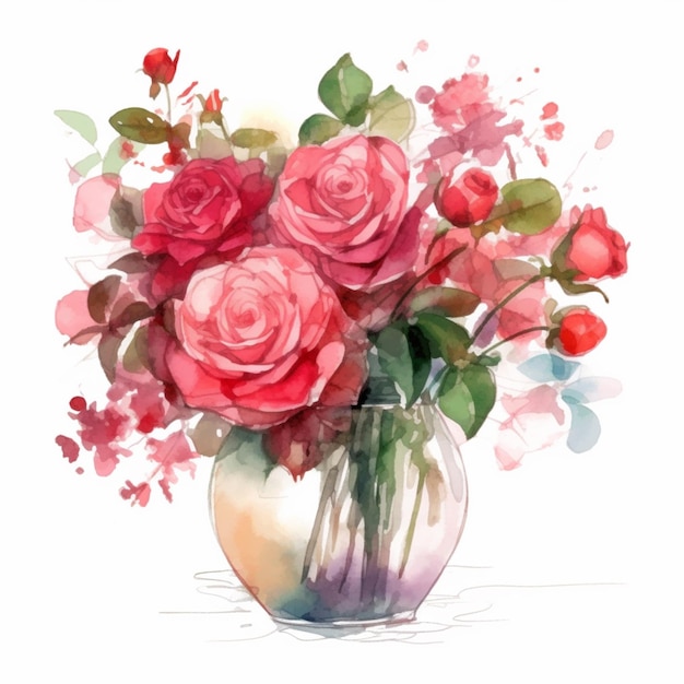 Uma pintura de um vaso de flores com rosas nele.