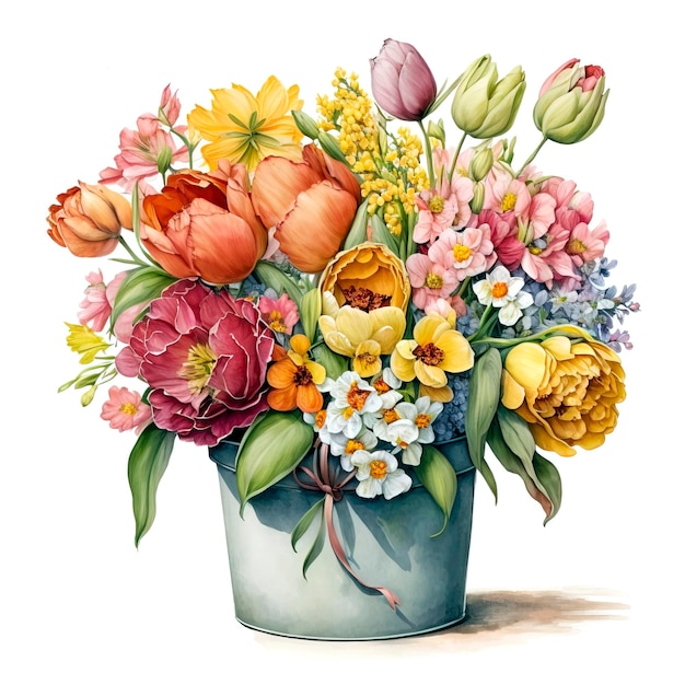 Uma pintura de um vaso de flores com uma tulipa amarela e laranja.
