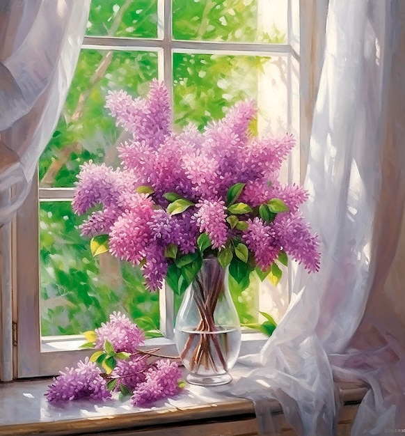 Uma pintura de um vaso de flores em um peitoril da janela