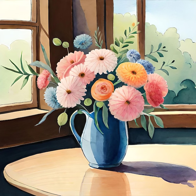 Uma pintura de um vaso de flores sobre uma mesa com uma janela ao fundo.