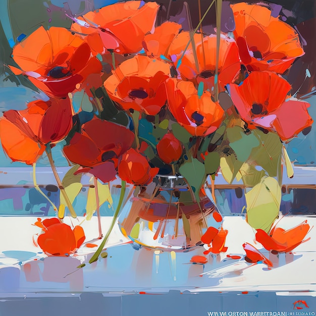 uma pintura de um vaso de flores vermelhas em uma mesa