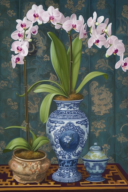 Uma pintura de um vaso de orquídea azul e branco com um pequeno vaso e outros dois vasos com um que diz 'orquídeas'.