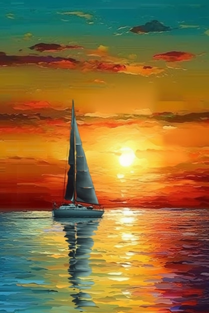 Uma pintura de um veleiro ao pôr do sol.