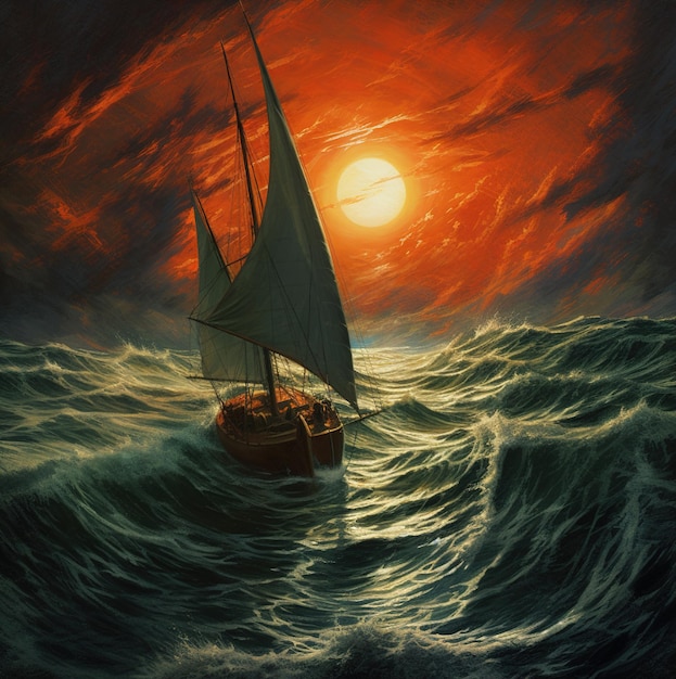 Uma pintura de um veleiro com o sol ao fundo