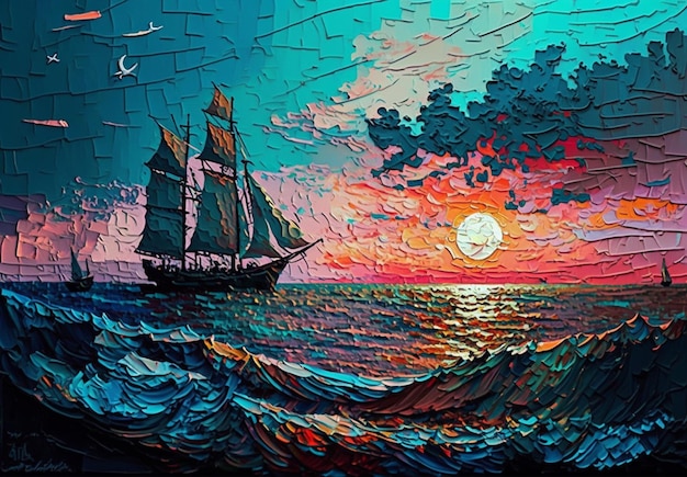 Uma pintura de um veleiro com o sol se pondo atrás dele