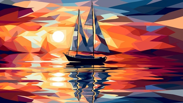 Uma pintura de um veleiro com um pôr do sol ao fundo.