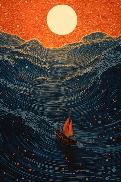 Foto uma pintura de um veleiro no oceano com a lua no fundo
