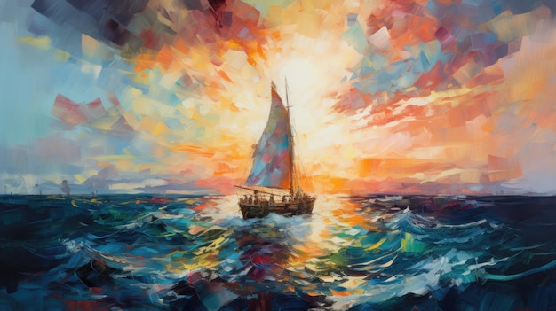 Uma pintura de um veleiro no oceano com o sol se pondo atrás dele.