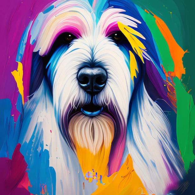 Uma pintura de um velho cão pastor inglês com nariz azul e olhos negros