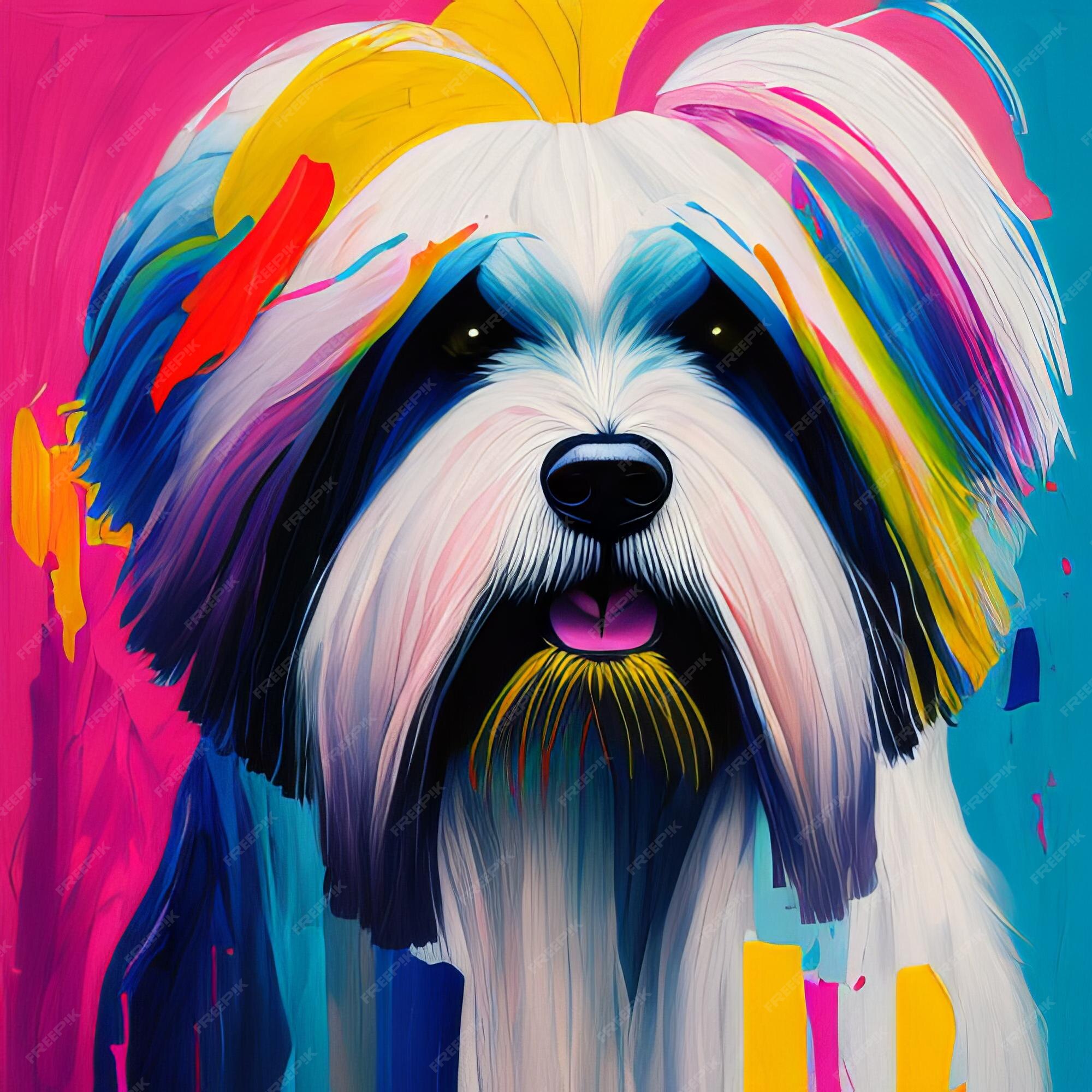 Uma pintura de um velho cão pastor inglês com uma cabeça colorida de  arco-íris