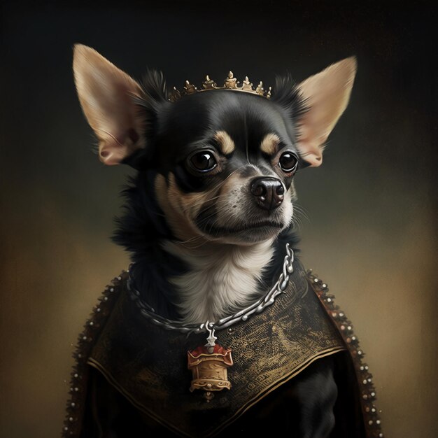 Uma pintura de um vestido chihuahua preto com manchas marrons.