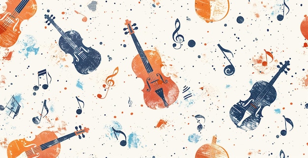 uma pintura de um violino com notas de música e um violino