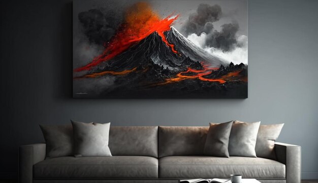 Uma pintura de um vulcão com as palavras "lava" nele.