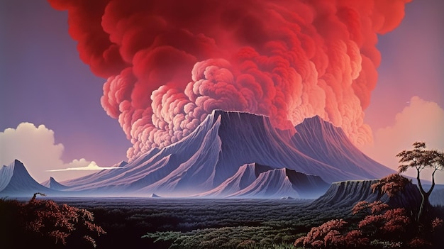 Uma pintura de um vulcão em erupção com fumaça saindo dele
