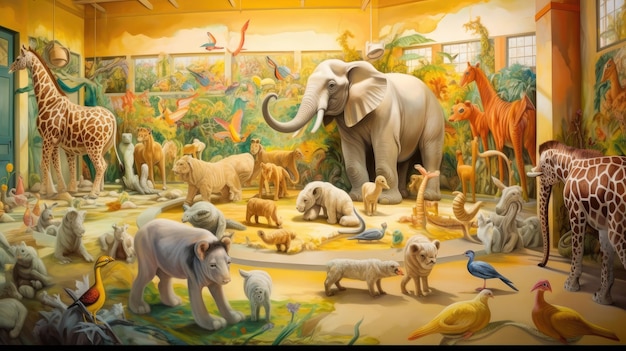 Uma pintura de um zoológico com uma variedade de animais, incluindo um leão, um leão, uma zebra, uma zebra, uma zebra e uma zebra.