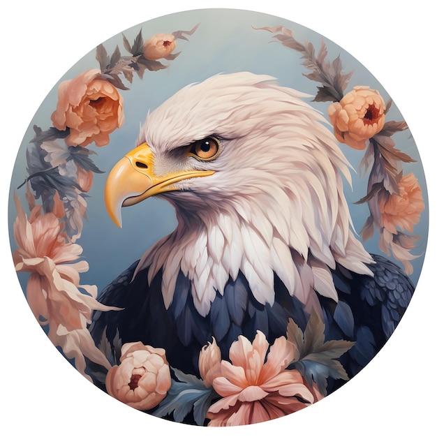 Uma pintura de uma águia careca com flores no centro.