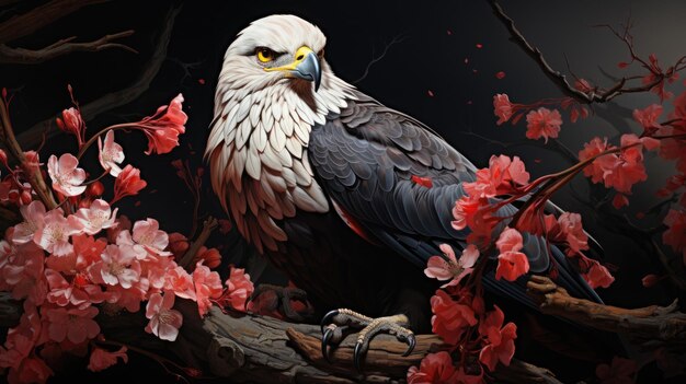uma pintura de uma águia com duas flores cor-de-rosa Generative Ai