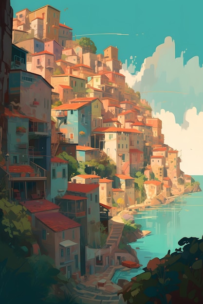Uma pintura de uma aldeia à beira-mar