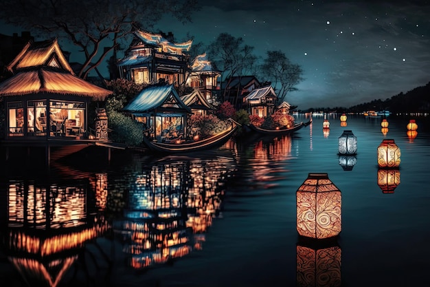 Uma pintura de uma aldeia com lanternas na água