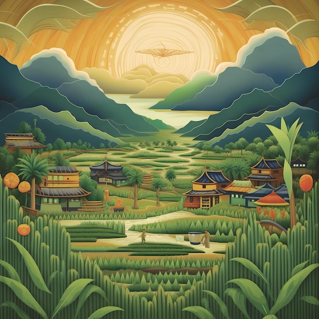 Uma pintura de uma aldeia com um dragão no topo.