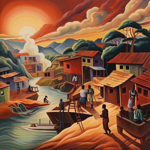 Foto uma pintura de uma aldeia com um rio e montanhas no fundo