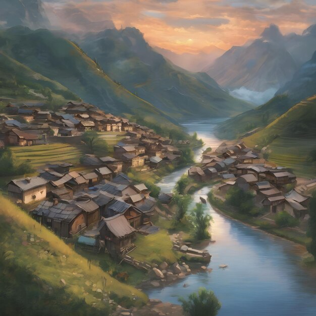 Foto uma pintura de uma aldeia com um rio e montanhas no fundo