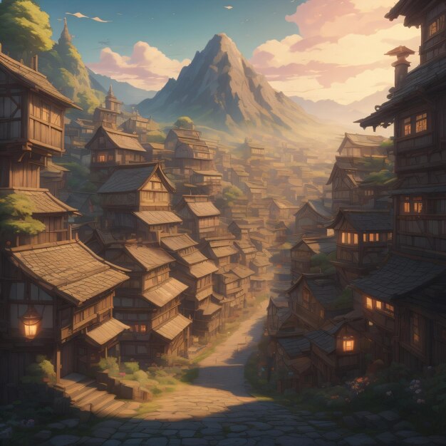 Uma pintura de uma aldeia de montanha com uma montanha ao fundo.