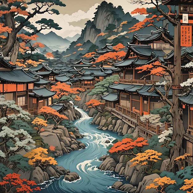 Foto uma pintura de uma aldeia japonesa com um rio fluindo através dela