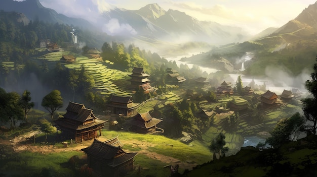 Uma pintura de uma aldeia nas montanhas