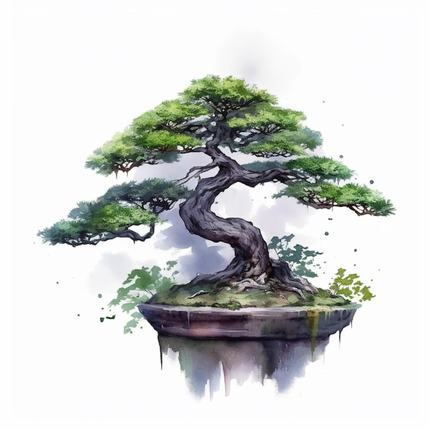 Uma pintura de uma árvore bonsai com uma pequena árvore crescendo nela.