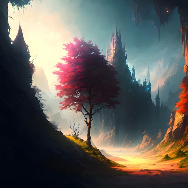 Uma pintura de uma árvore com a palavra paisagem de fantasia