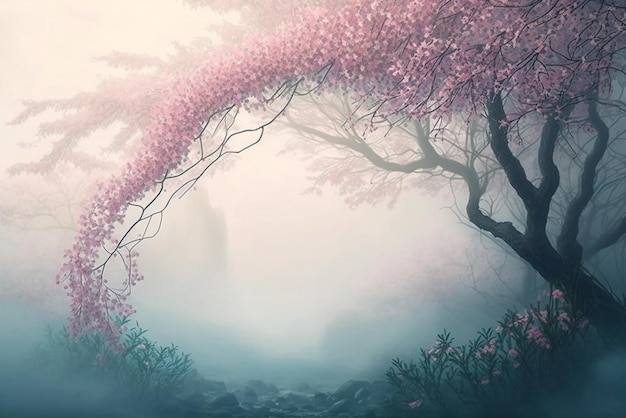 Uma pintura de uma árvore com flores cor de rosa ao fundo