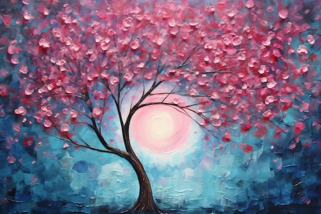 Uma pintura de uma árvore com flores cor de rosa