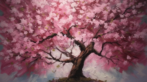 Uma pintura de uma árvore com flores cor de rosa