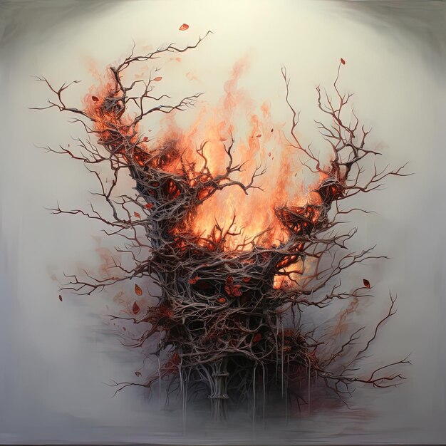 uma pintura de uma árvore com fogo nela
