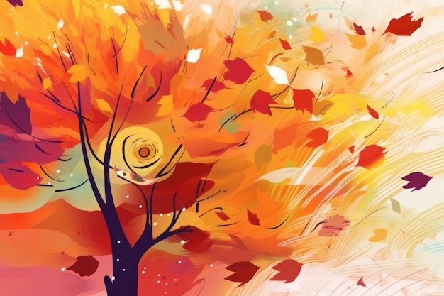 Uma pintura de uma árvore com folhas e as palavras caem sobre ela