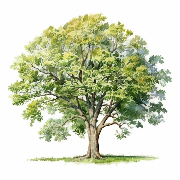 uma pintura de uma árvore com folhas verdes e um fundo branco generativo ai