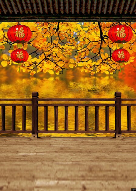 Foto uma pintura de uma árvore com lanternas chinesas penduradas em uma cerca