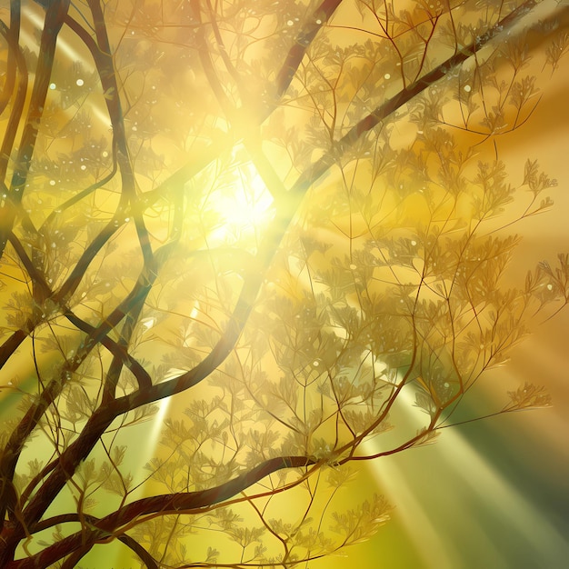 Uma pintura de uma árvore com o sol brilhando através dela