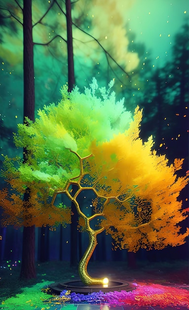 Uma pintura de uma árvore com o sol brilhando sobre ela.