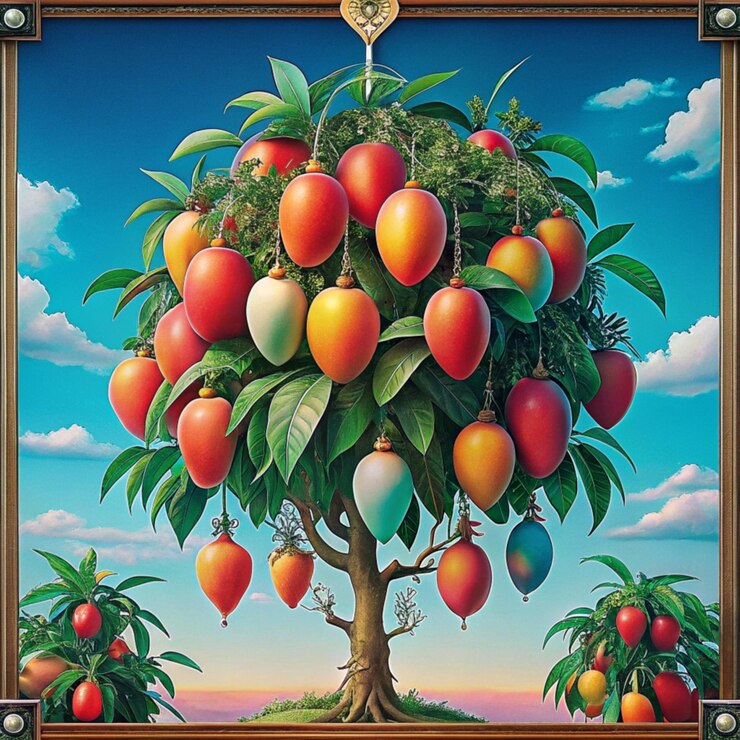 Foto uma pintura de uma árvore com ovos e frutas