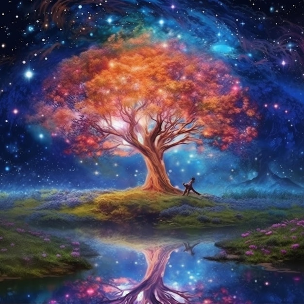 Uma pintura de uma árvore com uma pessoa sentada nela generativa ai