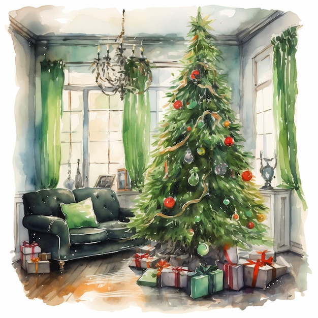 uma pintura de uma árvore de natal e um sofá em uma sala de estar