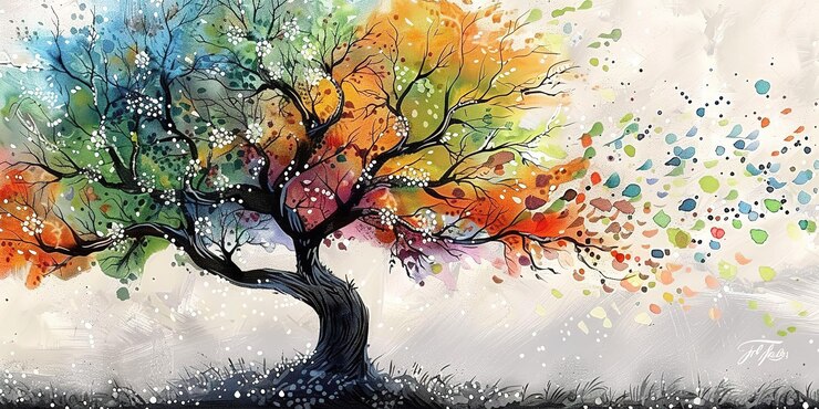 Uma pintura de uma árvore elegante com galhos e folhas