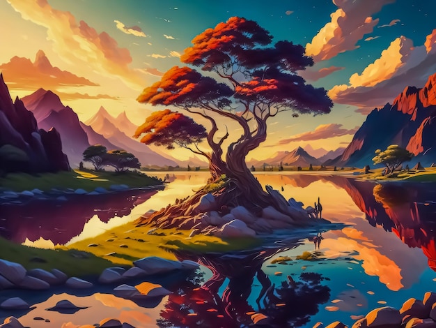 Uma pintura de uma árvore em um lago com montanhas ao fundo